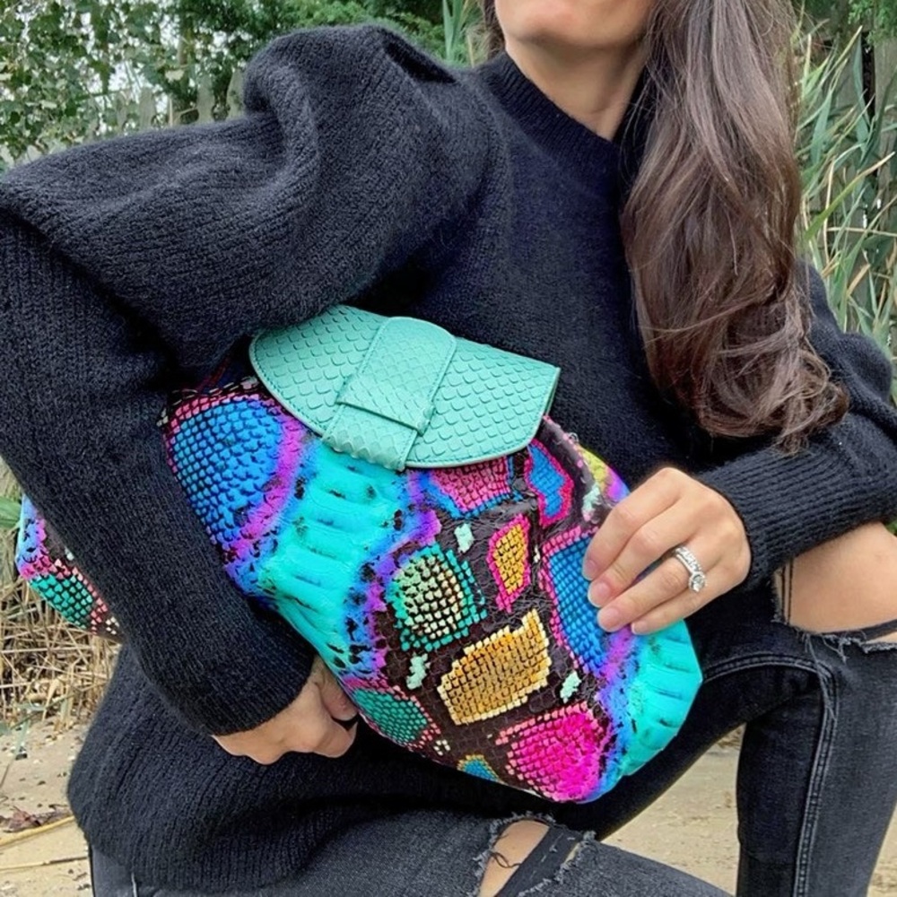 NWOT Ximena Kavalekas multi-colored python clutch with turquoise chain strap